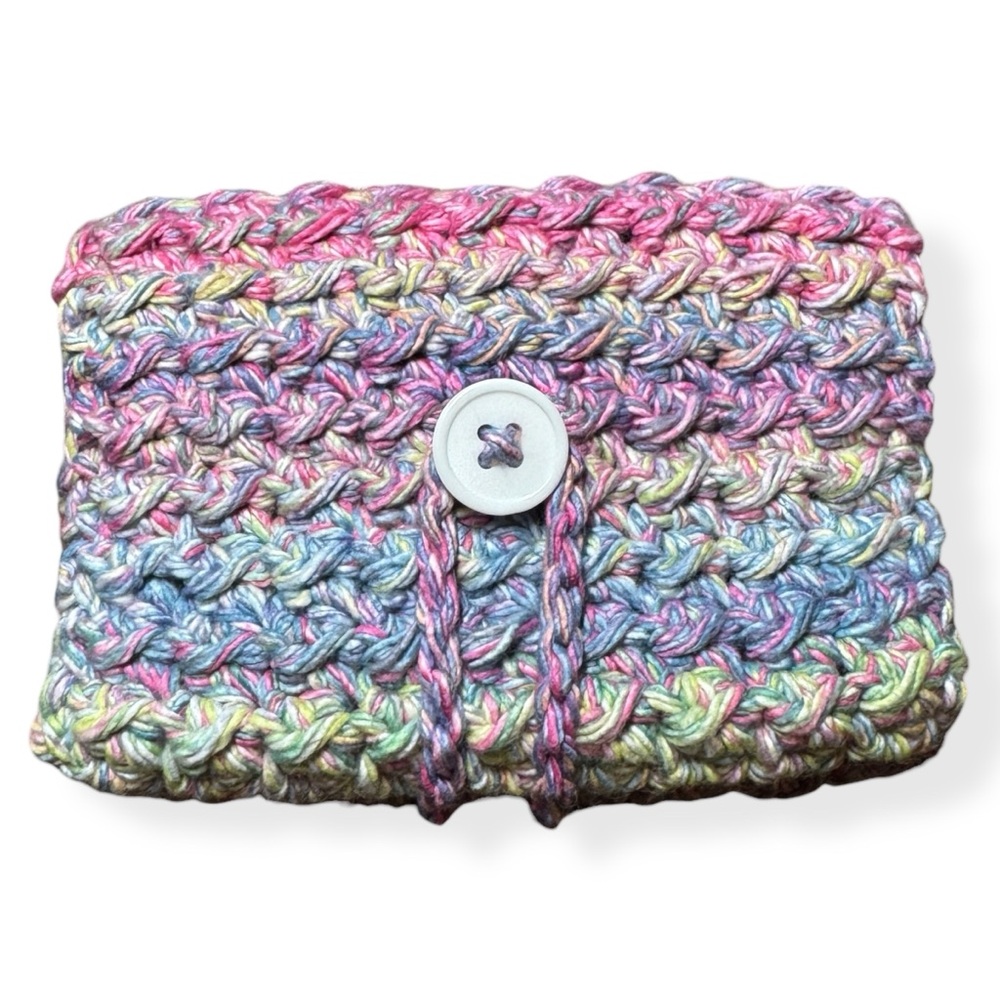 Womens Handmade Crochet Card Wallet Multicolor Pastel Button Cotton‎ Yarn